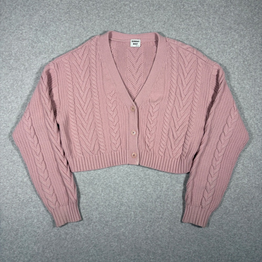 Sunday Best Cardigan Women Small Pink Cable Knit Merino Wool Cropped Sweater